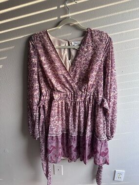 Floral Boho Mini Dress / Tunic – Size L – Lightweight Long Sleeve Summer Dress
